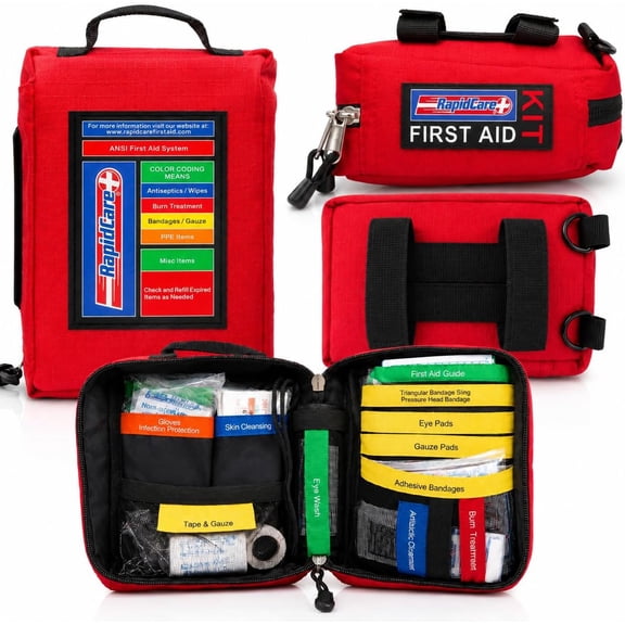 Rapid Care 164 Piece Outdoor Adventure First Aid Kit | ANSI & OSHA Compliant Emergency Medical Kit with Color Coded Supplies for Camping, Hiking, Travel, Car & Survival Gear