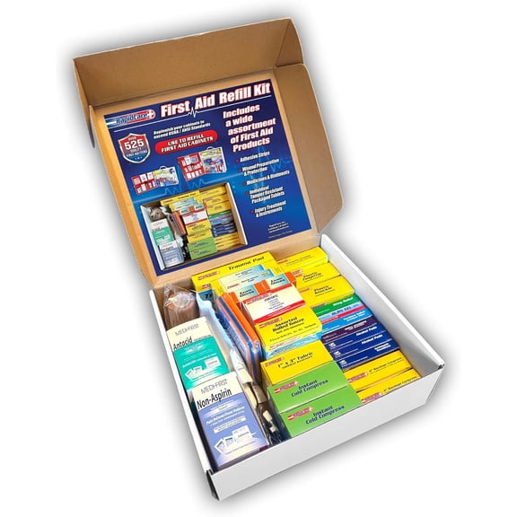 Rapid Care 3-Shelf First Aid Refill Kit - 525 Piece OSHA & ANSI Compliant Refill for First Aid Cabinets, Serves 75+ People, Color-Coded Workplace, School & Office First Aid Supplies