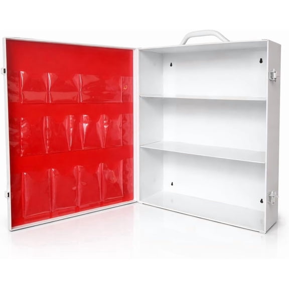 Rapid Care 3-Shelf Metal First Aid Cabinet Empty Wall Mountable Steel First Aid Kit with Door Pouches for Home and Workplace Safety