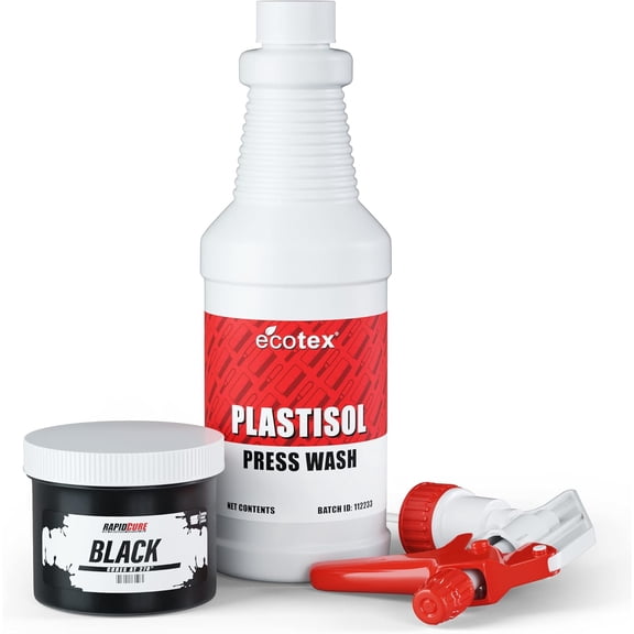 Rapid Cure Black Plastisol Ink and Ecotex Plastisol Press Wash Ink Cleaner for T Shirt and Fabric Screen Printing Pint