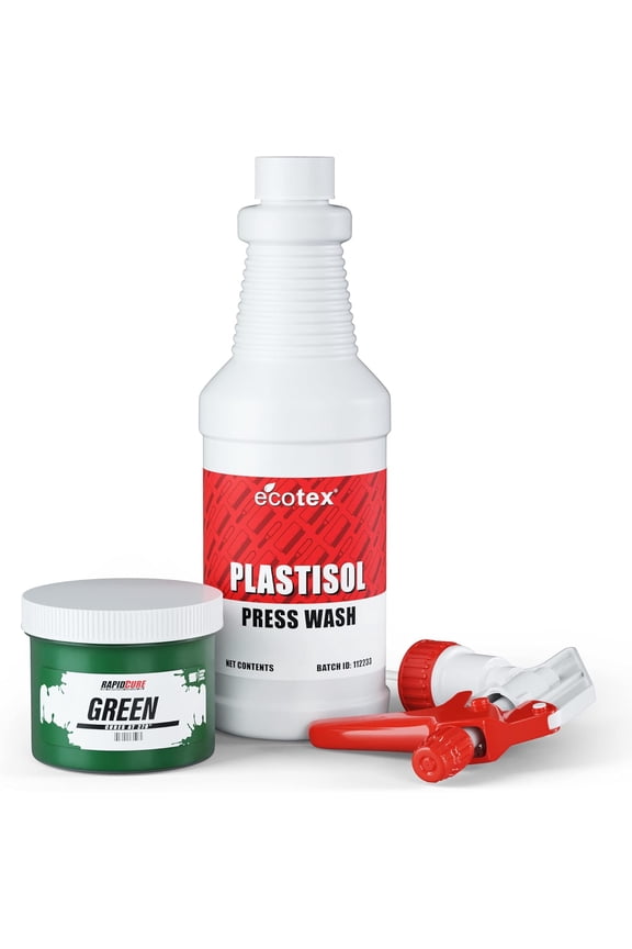 Rapid Cure Black Plastisol Ink and Ecotex Plastisol Press Wash Ink Cleaner for T Shirt and Fabric Screen Printing Pint