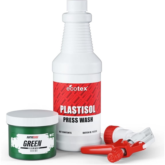 Rapid Cure Black Plastisol Ink and Ecotex Plastisol Press Wash Ink Cleaner for T Shirt and Fabric Screen Printing Pint