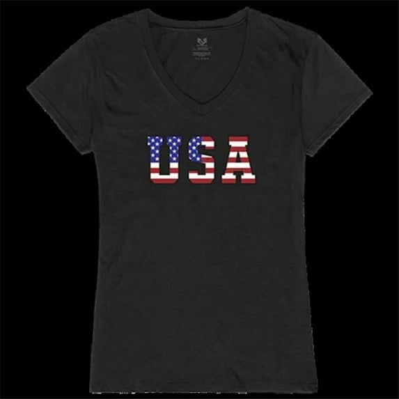 Rapid Dominance G03-811-BLK-03 Women Flag Text 2 Graphic Short Sleeve V-Neck T-Shirt, Black - Large