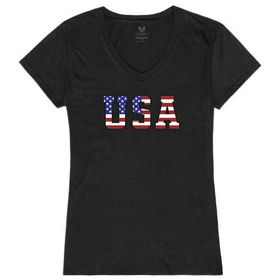 Rapid Dominance G03-811-BLK-04 Women Flag Text 2 Graphic Short Sleeve V-Neck T-Shirt, Black - Extra Large