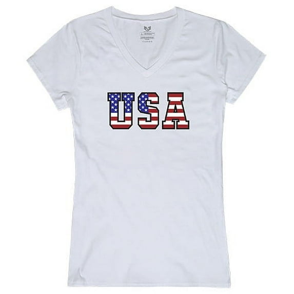 Rapid Dominance G03-811-WHT-05 Women Flag Text 2 Graphic Short Sleeve V-Neck T-Shirt, White - 2X