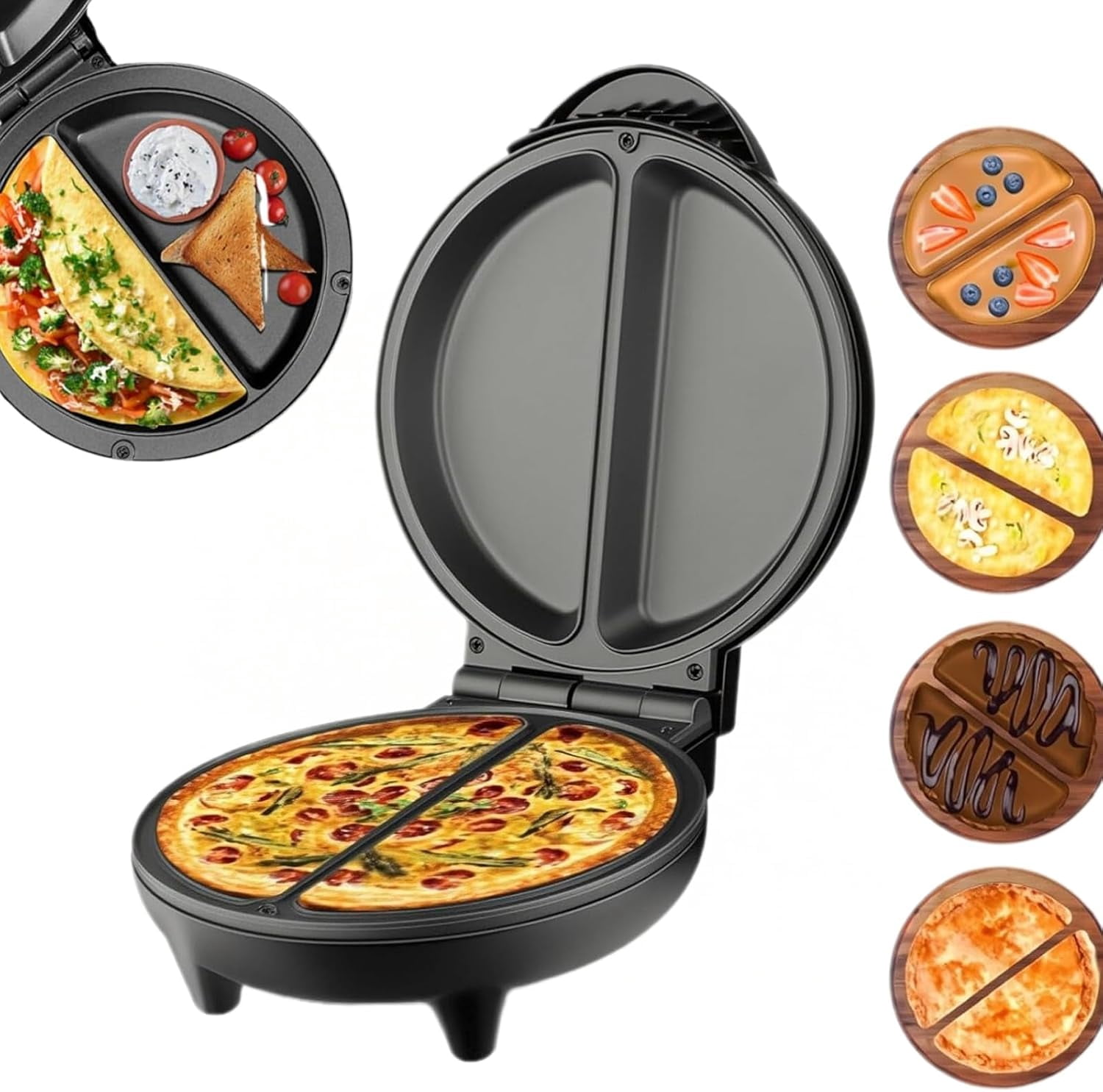 Rapid Double-Sided Egg Cooker With Indicator Lights,Black Dual Zone Electric Omelette Maker,Compact Breakfast Maker for 2 Omelettes Simultaneously,for Home,Dorm&Travel
