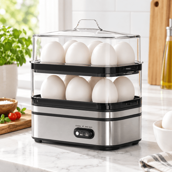 Rapid Egg Cooker Electric 12 Eggs Capacity Soft Medium Hard Boiled Poached Omelet Maker Poacher & Vegetable Steamertray
