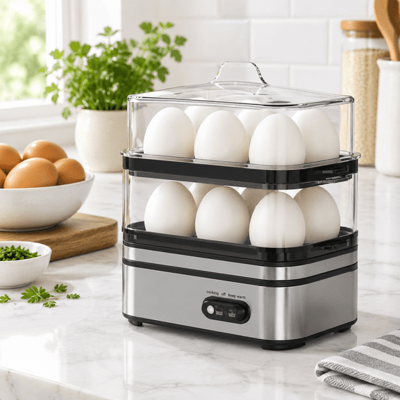 Rapid Egg Cooker Electric 12 Eggs Capacity Soft Medium Hard Boiled Poached Omelet Maker Poacher & Vegetable Steamertray