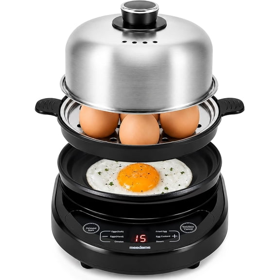 Rapid Egg Cooker, Stainless Steel Electric Egg Steamer for Hard and Soft Boiled Eggs, Fried Egg and Omelet Maker, Auto Shut-Off, Dishwasher-Safe Parts, BPA-Free, Holds 7 Eggs, Black
