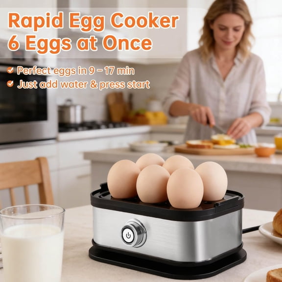 Rapid Electric Egg Cooker - 6-Egg Capacity Steamer for Soft, Medium, Hard Boiled Eggs with One-Touch Operation, Stainless Steel, Boil-Dry Protection Compact Home Kitchen, Dorm