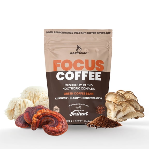 Rapid Fire Focus Coffee Mushroom Blend, Nootropic Complex Coffee, Supports Alertness and Clarity, (Lions Mane, Cordyceps, Turkey Tail) Instant Coffee for Focus & Gut Health, 30 Serv