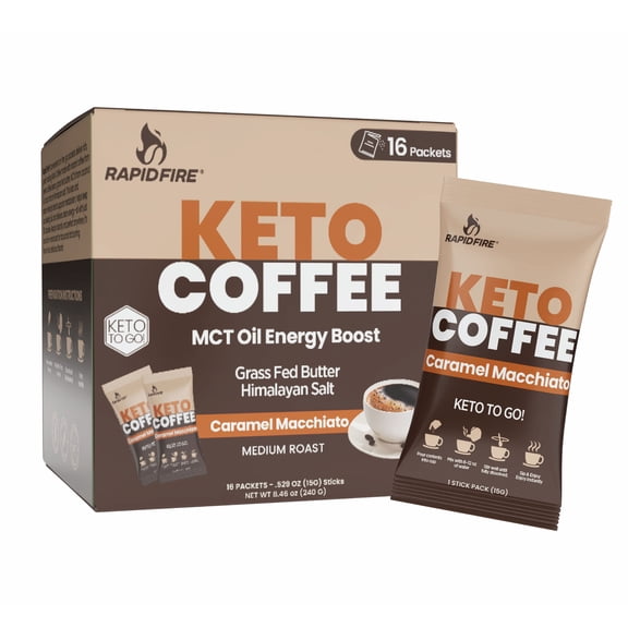 Rapid Fire Functional Coffee Sticks, Caramel Macchiato Instant Coffee with MCT Oil & Grass-Fed Butter, Medium Roast Keto Coffee, Single Serve Coffee Packets for Energy & Focus, 16 Stic