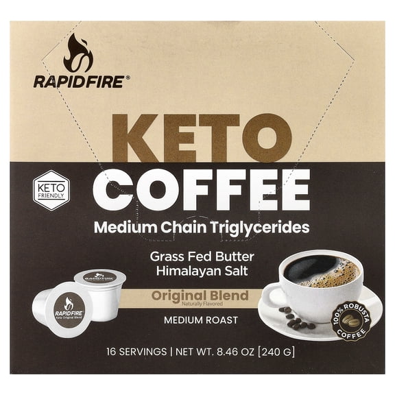 Rapidfire Original Flavor High Performance Keto Coffee Pods, Supports Energy & Metabolism, Single Serve K Cup, Brown, 16 Count