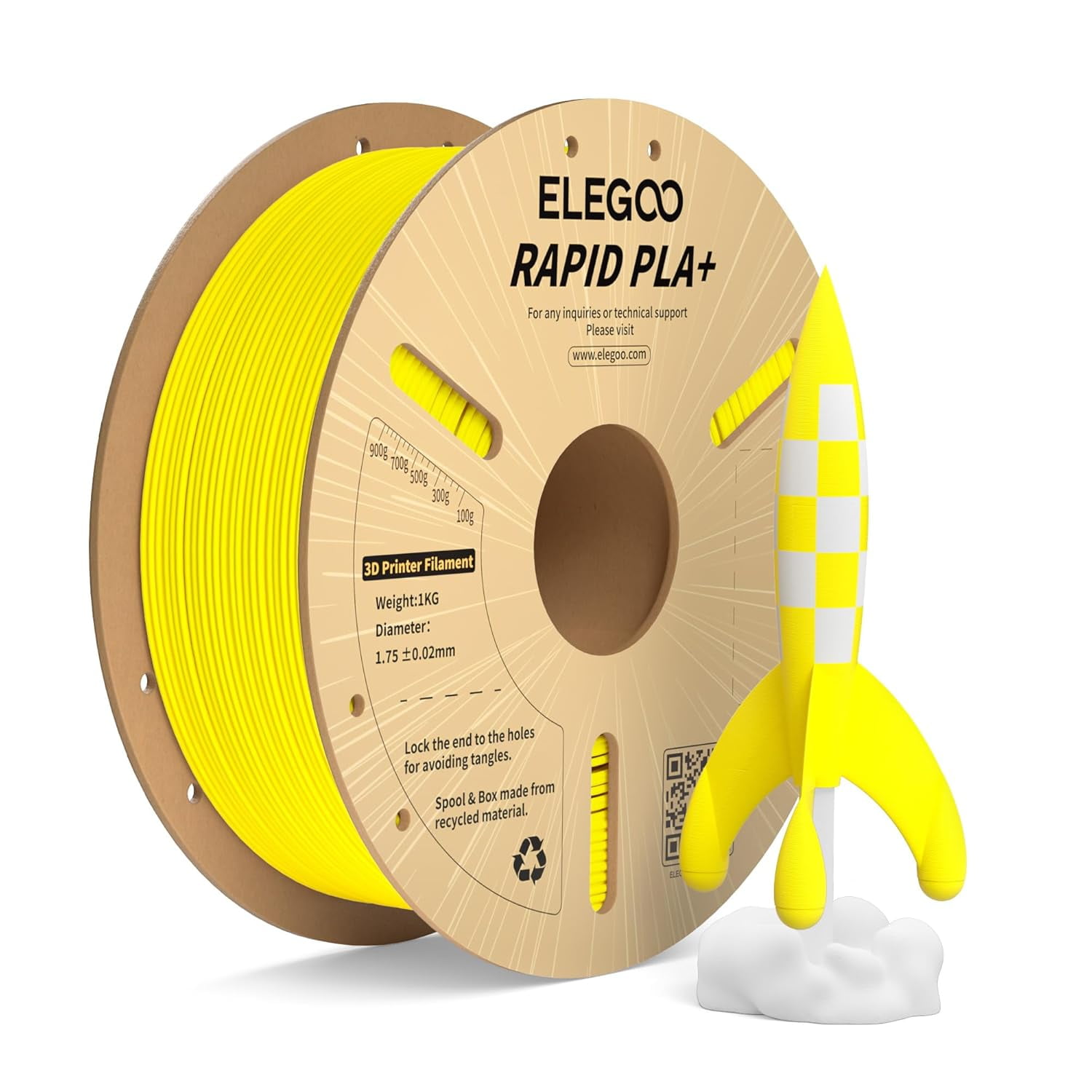 Rapid PLA Plus Filament 1.75mm Yellow 1KG, PLA+ 3D Printer Filament for 600 mm/s High Speed Printing, Dimensional Accuracy +/- 0.02 mm, 1kg Cardboard Spool(2.2lbs)