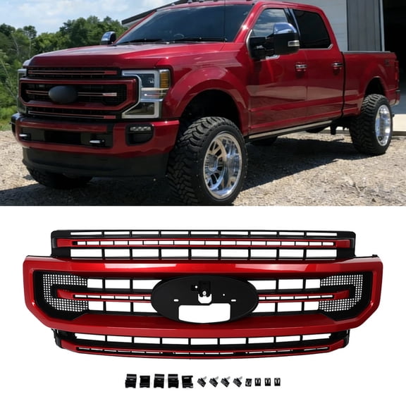 Rapid Red For 2020-2022 Ford F250 F-350 F-450 Super Duty Platinum/Limited Front Bumper Grille, No Emblem