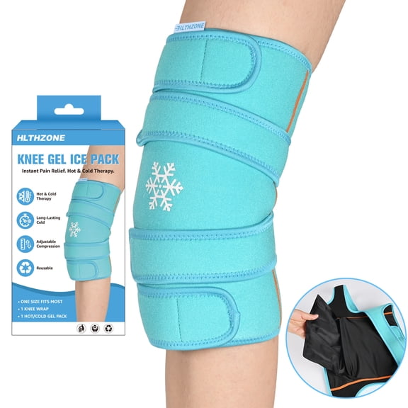 Rapid Relief Knee Brace Compression Wrap with Built-in Hot/Cold Gel, Adjustable & Seamless, Blue- One Size