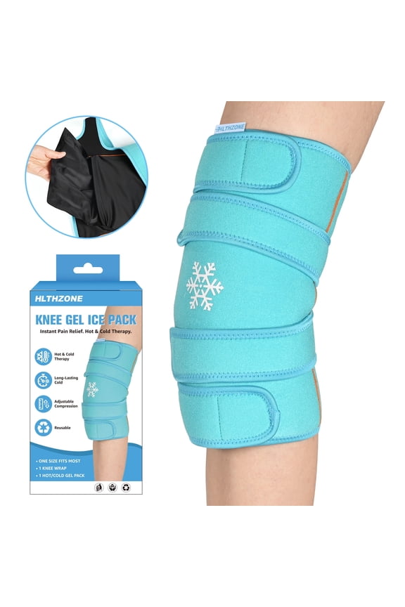 Reusable Knee Ice Pack Wrap, 360Compression Hot Cold Gel Knee Brace for Pain Relief, Adjustable Full Coverage Ice Wrap for Knee Injuries, Swelling, 1 Pack Blue