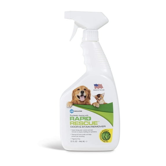 Rapid Rescue - Indoor and Outdoor Odor Eliminator for Pets, Dogs, cats Fast-Acting Enzyme-Based Green Solution Stain & Odor Remover on Carpets, Wood Floors, Cars, Rugs - Size 946 Ml