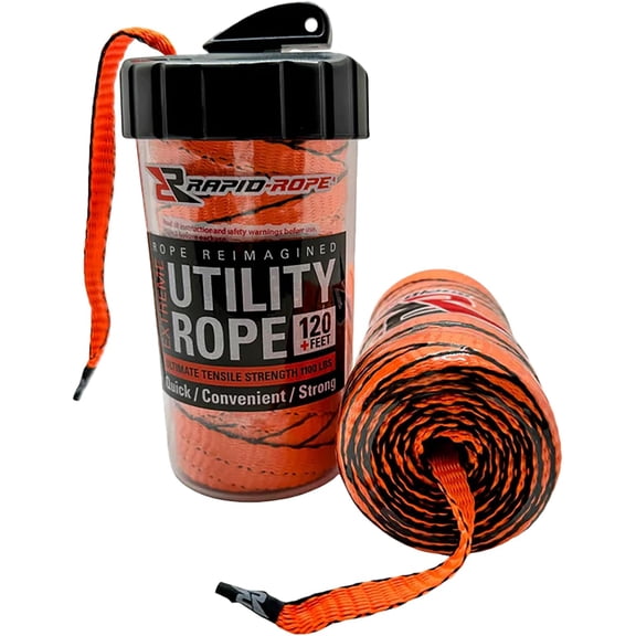 Rapid Rope Canister 120ft Orange Flat Tactical Paracord, Made in USA, 1100lb Tested Heavy Duty Poly Test Cord, Non-Tangle Dispenser Included - Hiking, Camping, Survival, Utility, Climbing