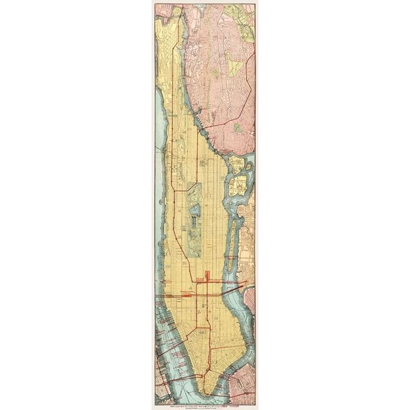 Rapid transit map of Manhattan and adjacent districts of New York City 1908 by Rand McNally and Company (16 x 36)
