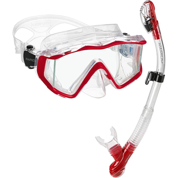 Rapido Boutique Collection Clareza Tempered Glass Lens Panoramic View Scuba Snorkel Mask, Dry Snorkel Set, Anti-Fog Snorkel Mask and Anti-Leak Tube, Adults Snorkeling Set