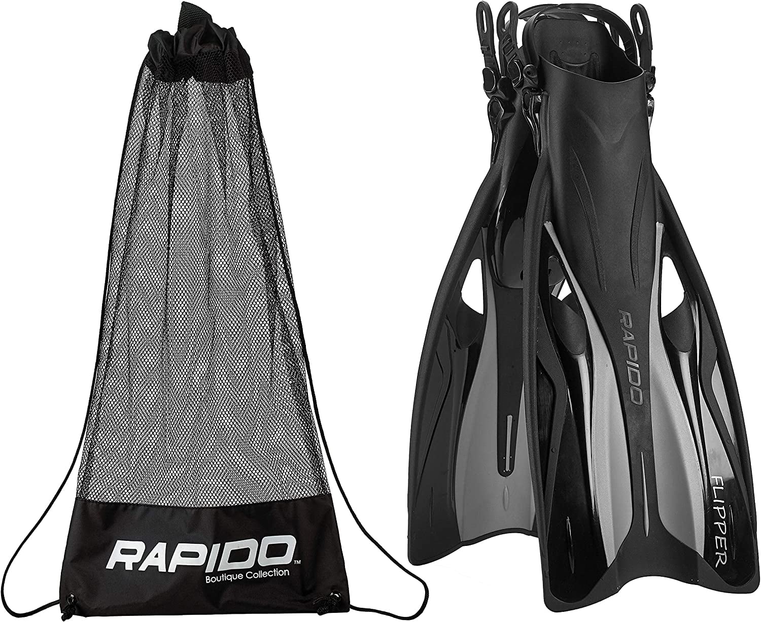 Rapido Boutique Collection Flipper Open Heel Adjustable Snorkel Fin with Snorkeling Gear Carry Bag, Ideal Snorkeling Fins for Snorkel or Scuba