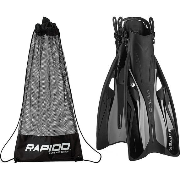 Rapido Boutique Collection Flipper Open Heel Adjustable Snorkel Fin with Snorkeling Gear Carry Bag, Ideal Snorkeling Fins for Snorkel or Scuba