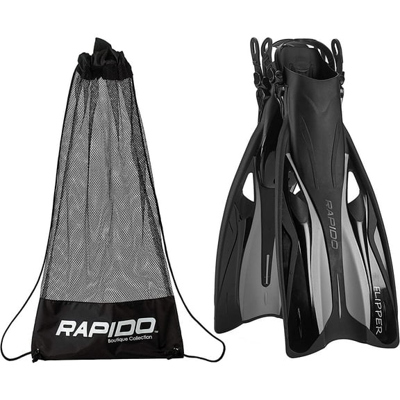 Rapido Boutique Collection Flipper Open Heel Adjustable Snorkel Fin with Snorkeling Gear Carry Bag, Ideal Snorkeling Fins for Snorkel or Scuba
