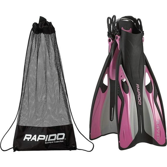 Rapido Boutique Collection Flipper Open Heel Adjustable Snorkel Fin with Snorkeling Gear Carry Bag, Ideal Snorkeling Fins for Snorkel or Scuba