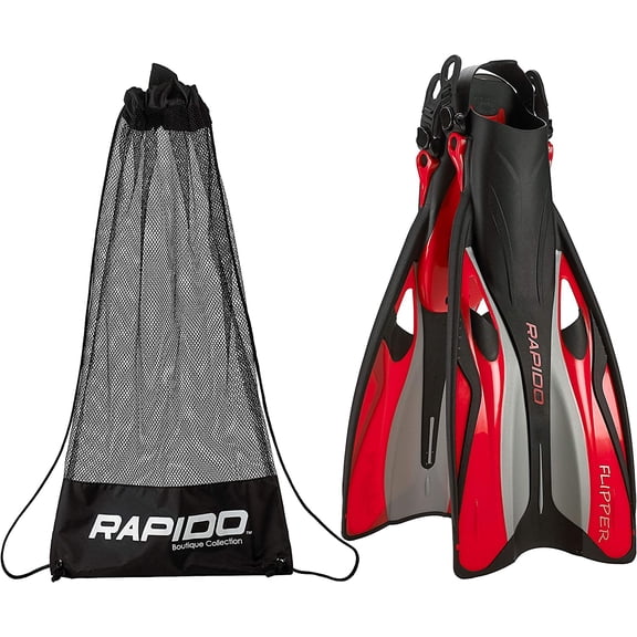 Rapido Boutique Collection Flipper Open Heel Adjustable Snorkel Fin with Snorkeling Gear Carry Bag, Ideal Snorkeling Fins for Snorkel or Scuba