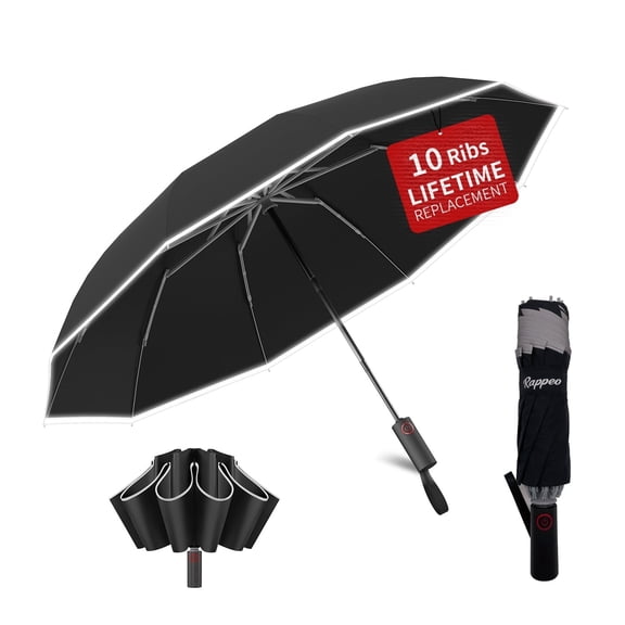 Rappeo 4-in-1 Inverted Travel Umbrella Compact, Automatic Large Umbrellas for Rain & Sun, Portable Windproof Umbrella for Backpack, Reverse Folding Umbrella for UV with Reflective Strips,Lightweight