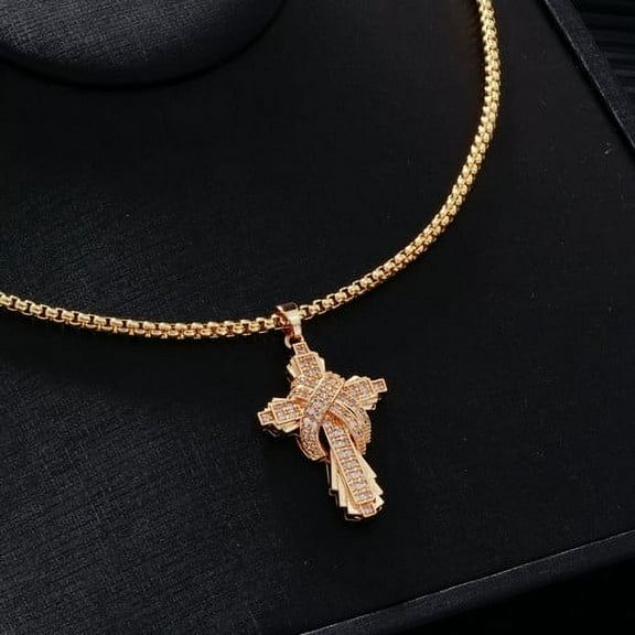 Rapper Hiphop Iced Out CZ Cross Pendant Necklaces for Men 14K Yellow Gold Rope Box Chain on Neck Punk Homme Trend Jewelry