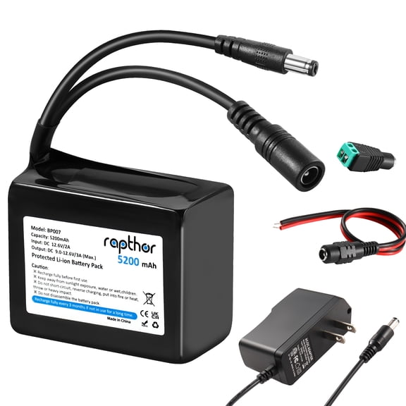 Rapthor 5200mAh 12V Rechargeable Li-ion Battery Kit with Smart Charger DC5521 Output for Router, CCTV Camera, LED Strip, Radio, DIY Electronics, Telescope, Modem