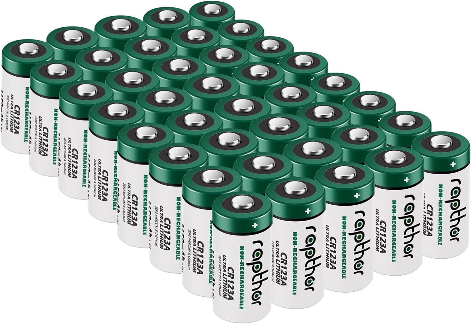 Rapthor CR123A Batteries 3V 40 Pack 1650mAh High Capacity CR123 CR17345 PTC Protection Non-Rechargeable 123A Photo Battery for Camera Flashlights Microphone Alarm System (Not for Arlo)