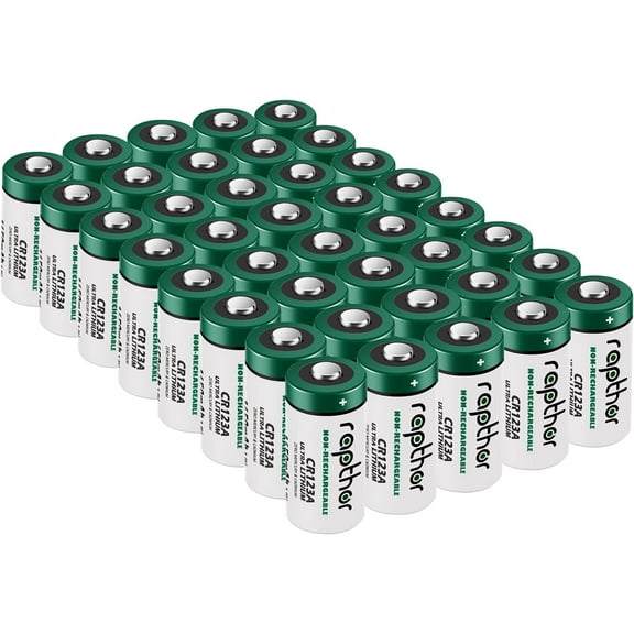 Rapthor CR123A Batteries 3V 40 Pack 1650mAh High Capacity CR123 CR17345 PTC Protection Non-Rechargeable 123A Photo Battery for Camera Flashlights Microphone Alarm System (Not for Arlo)