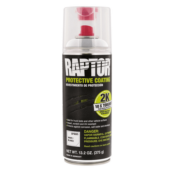 U Pol Products RAPTOR UP4885 2K Bedliner Aerosol, 13.2 oz Aerosol Can, White, 14.5 sq-ft Coverage, 5 to 7 days Curing