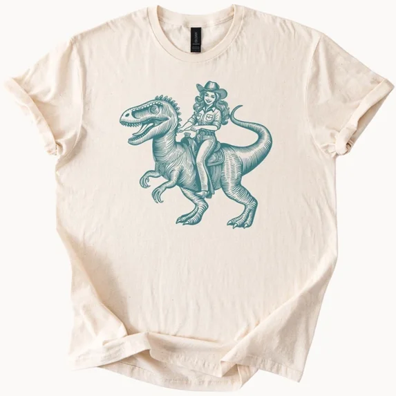Raptor Rider Cowgirl Tshirt Dino Western Tee Unisex S-5XL Hot Trending Shirt, Vintage Birthday Gift
