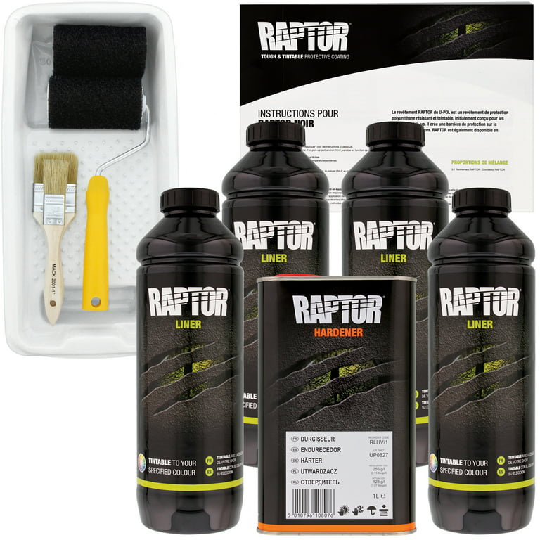 U-POL Raptor Tintable Urethane Spray-On Truck Bed Liner Kit with Included Roller, Tray & Brush, 4 Liters