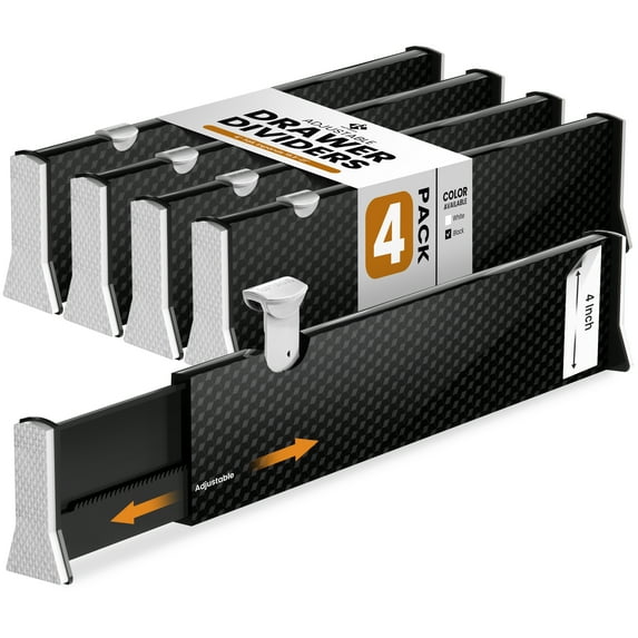 Rapturous Adjustable Drawer Divider, 4” Tall, Extra Long, Extends 15.5” - 21”, 4 Pack, Black