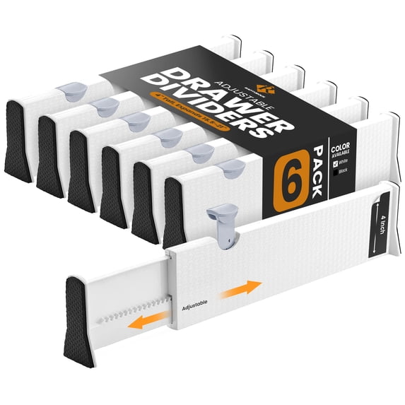 Rapturous Adjustable Drawer Divider, 4” Tall, Extra Long, Extends 15.5” - 21”, 6 Pack, White