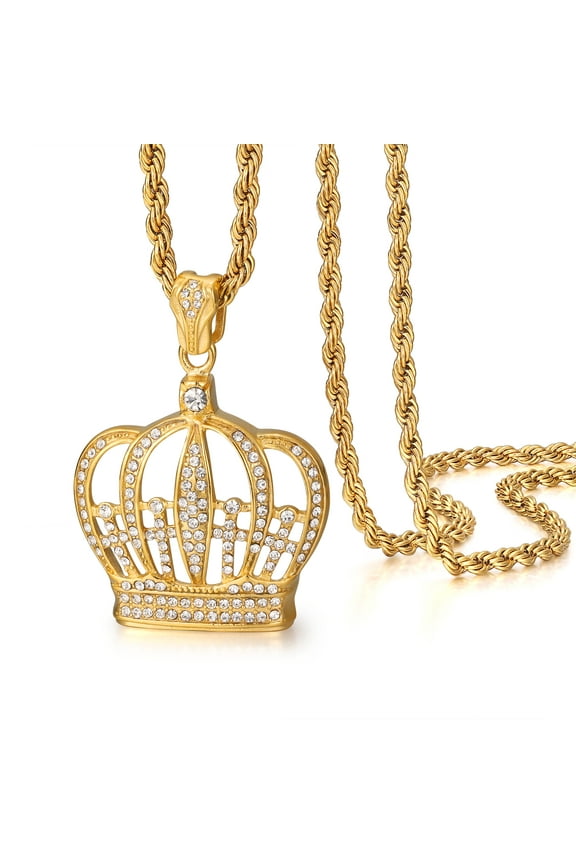 Hip Hop Men's Crown Necklace - Bling CZ Crystal King Crown Pendant with 24" Gold Chain, Perfect Jewelry Gift for Him & Her