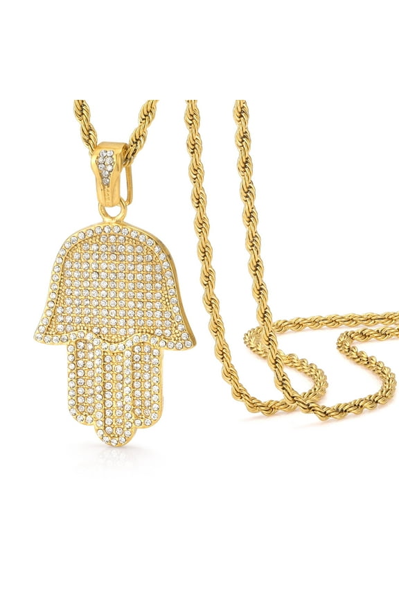 Iced Out Hamsa Pendant Necklace For Women Men Hip Hop Plated 18K Gold Stainless Steel Evil Eye Hands 24'' Chain.