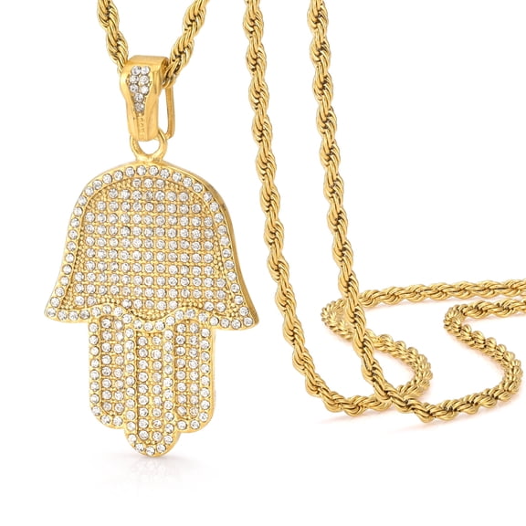 RapzGz Iced Out Hamsa Pendant Necklace For Women Men Hip Hop Plated 18K Gold Stainless Steel Evil Eye Hands 24'' Chain.
