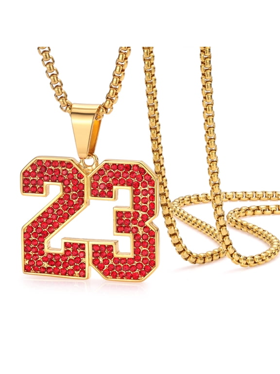 Men's 23 Pendant Necklace - 24" Bling CZ Diamond Sports Chain, Hip Hop Number Jewelry Gift for Him & Her, in Gold.