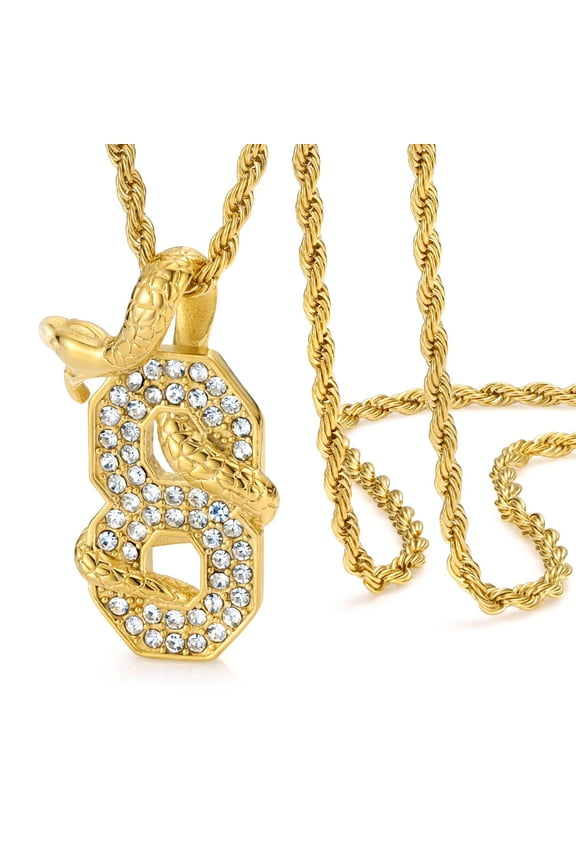 Men's Iced Out Mamba 8 Pendant Necklace, 24'' Stainless Steel Snake Chain, Gold/Black/Rainbow Hip Hop Sports Jewelry, Ideal Gift for Him & Her