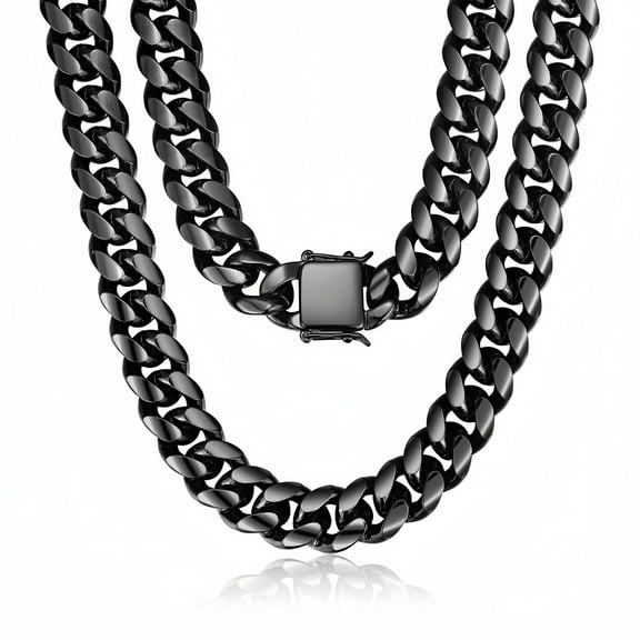 RapzGz Mens Cuban Link Chain 15mm 30inch Stainless Steel Black Chain Hip Hop Chunky Choker Necklace, Includes Gift Packaging.