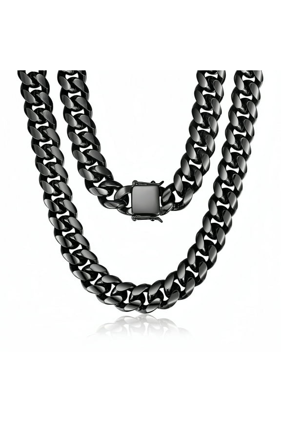 Mens Cuban Link Chain 15mm 30inch Stainless Steel Black Chain Hip Hop Chunky Choker Necklace, Includes Gift Packaging.