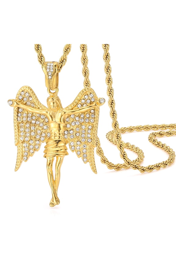 Mens Gold Iced Out Jesus Angel Wings Pendant Necklace, 24'' Hip Hop Rapper Chain, Bling CZ Christ Christian Jewelry for Him & Her