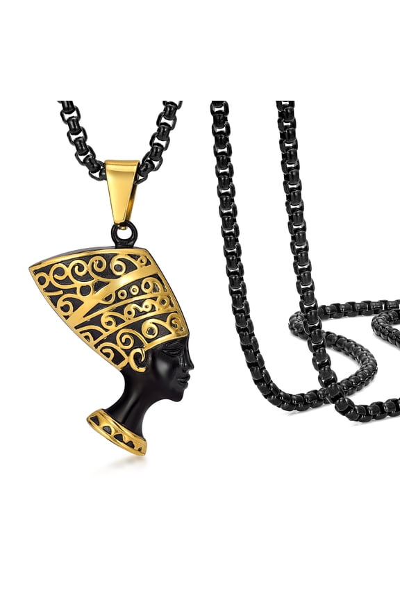 Nefertiti Necklace - Black Gold Egyptian Queen Charms Pendant For Mom Women Jewelry, Goddess Pendant, African Hip hop Charm for Him & Her.