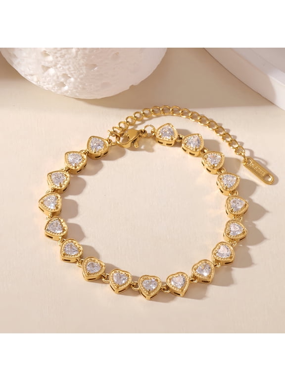 Adjustable Classic Heart Link Bracelet with Simulated Diamonds Daily Wear Jewelry Gift on Birthday Anniversary Christmas Valentines’ Day Mother’s Day